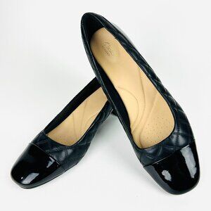 Clarks Tealia Sera Black Pumps, Quilted Upper Patent leather square toe, SZ 11 M
